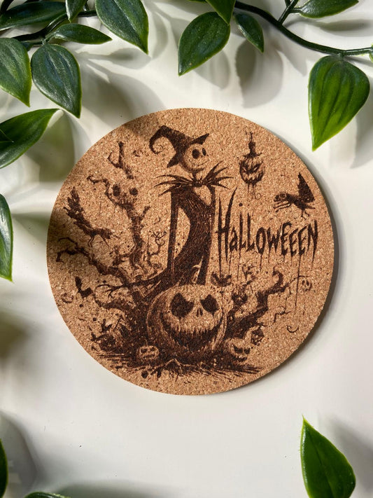 Halloween Kork-Untersetzer 5er-Set – Gruselige Motive im Stil von "Nightmare Before Christmas"