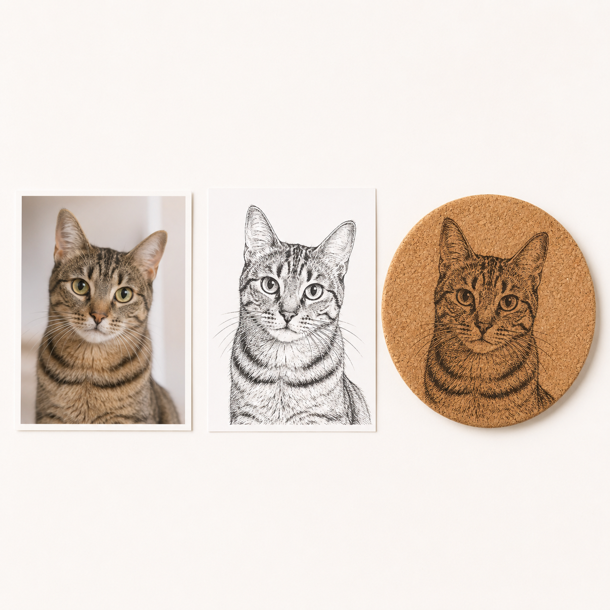 Vom Katzenfoto über Sketch-Art zur Gravur auf einem Kork-Untersetzer